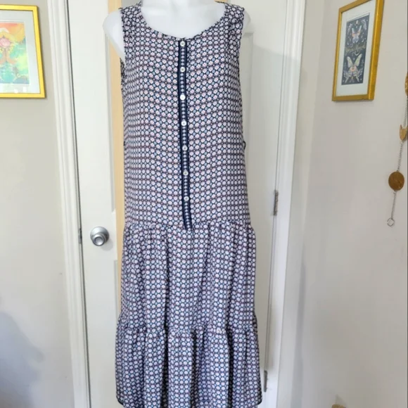 Max Studio | Dresses | Max Studio Geo Print Sleeveless Multi Tiered Maxi  Dress S Drop Waist Blues Nwt | Poshmark